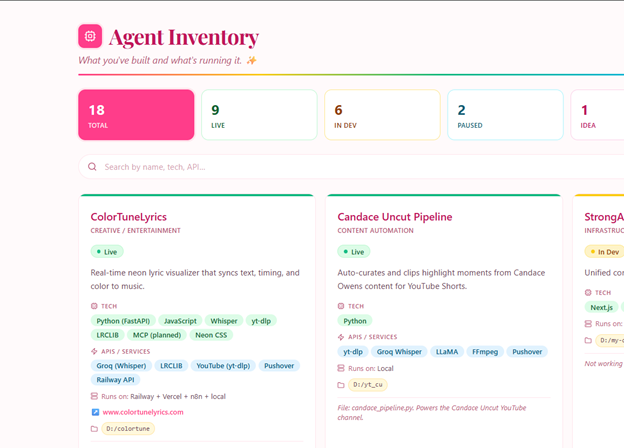 Agent Inventory — AI project tracker dashboard with status, tech stack, and search