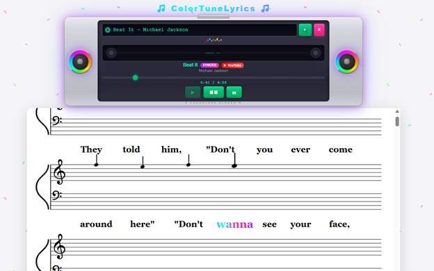 ColorTuneLyrics - neon lyric visualizer with sheet music and synced lyrics